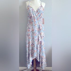 Light blue floral high low spaghetti strap dress